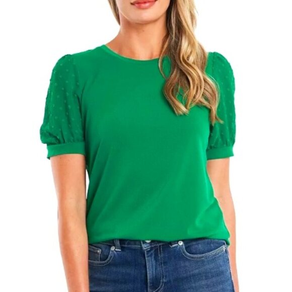 NWT!!! CeCe Women's Short Puff Sleeve Mixed Media Knit Top, Size Small - Picture 1 of 8